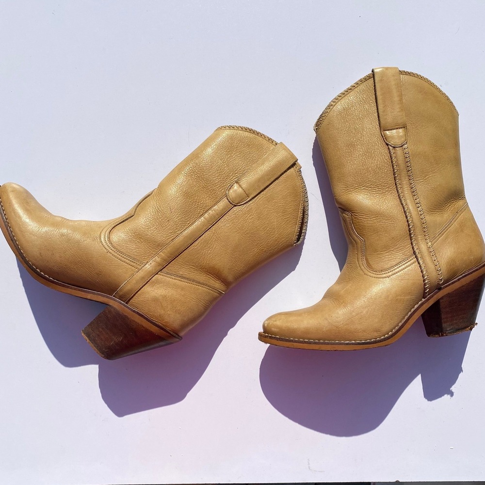 Vintage Western Sturdy Tan Leather Cowboy Boots Whipstitch Stacked Heel - 5.5/6